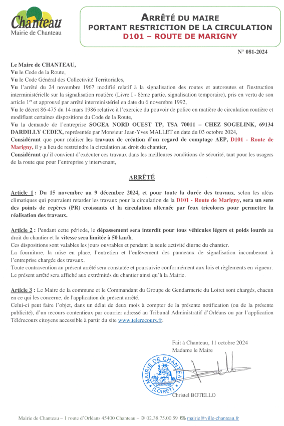 Arrêté portant rrestriction de circulation – RD101 Route de Marigny du 15 novembre au 9 décembre 2024